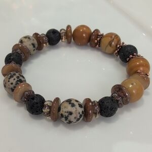 Handmade Jasper, Shell, Lava, Czech Glass Beaded Bracelet 7"